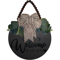 Wishrage Welcome Sign for Front Door Farmhouse Porch Décor Wooden Hanging Sign with Artificial Leaves and Rustic Beads 12" Round