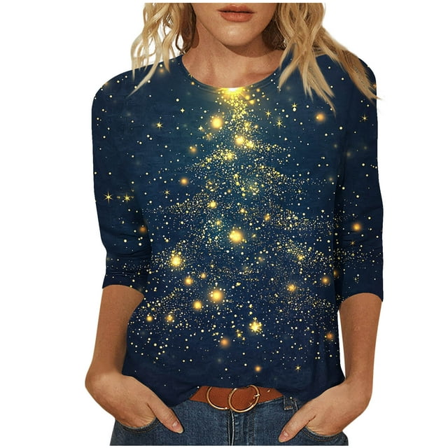 Lcziwo T-Shirts pour Femmes à Manches 3/4, Col Rond, Hauts de Noël pour les Fêtes, Blouses Amples à Imprimé d'Arbre de Noël, Mode Automne 2025, T-Shirts Décontractés, Bleu, m