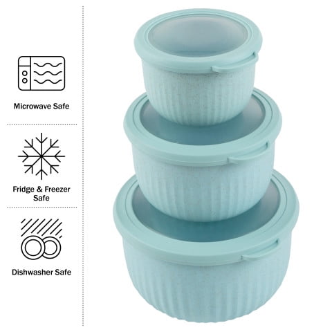 Classic Cuisine Set of 3 Microwave and Freezer Safe Bowls with Lids, Teal