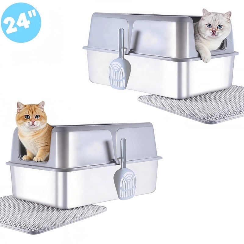 DUNCHATY 2-Pack Stainless Steel Cat Litter Box – Jumbo, High Sides, Leak-Proof, Includes Scoop & Mat, Gray