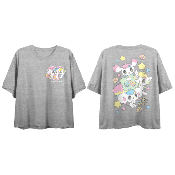 PeroPero Sparkles Group Shot With Hearts & Candies Crew Neck Short Sleeve Gray Heather Women's Crop Top-Medium