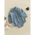 thumbnail image 3 of Newborn Baby Girl Long Sleeve Bodysuit Clothes Spring Fall Turn-Down Collar Button-Down Front Double Pockets Denim Jumpsuit, 3 of 9