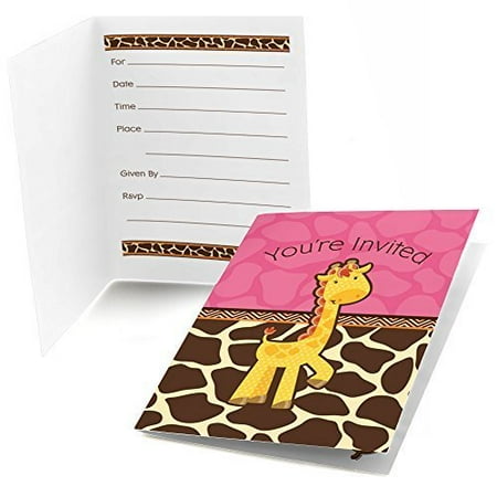 Girl Baby Birthday Invitations - Giraffe Girl - Fill In Baby Shower or Birthday Party Invitations (8 count)