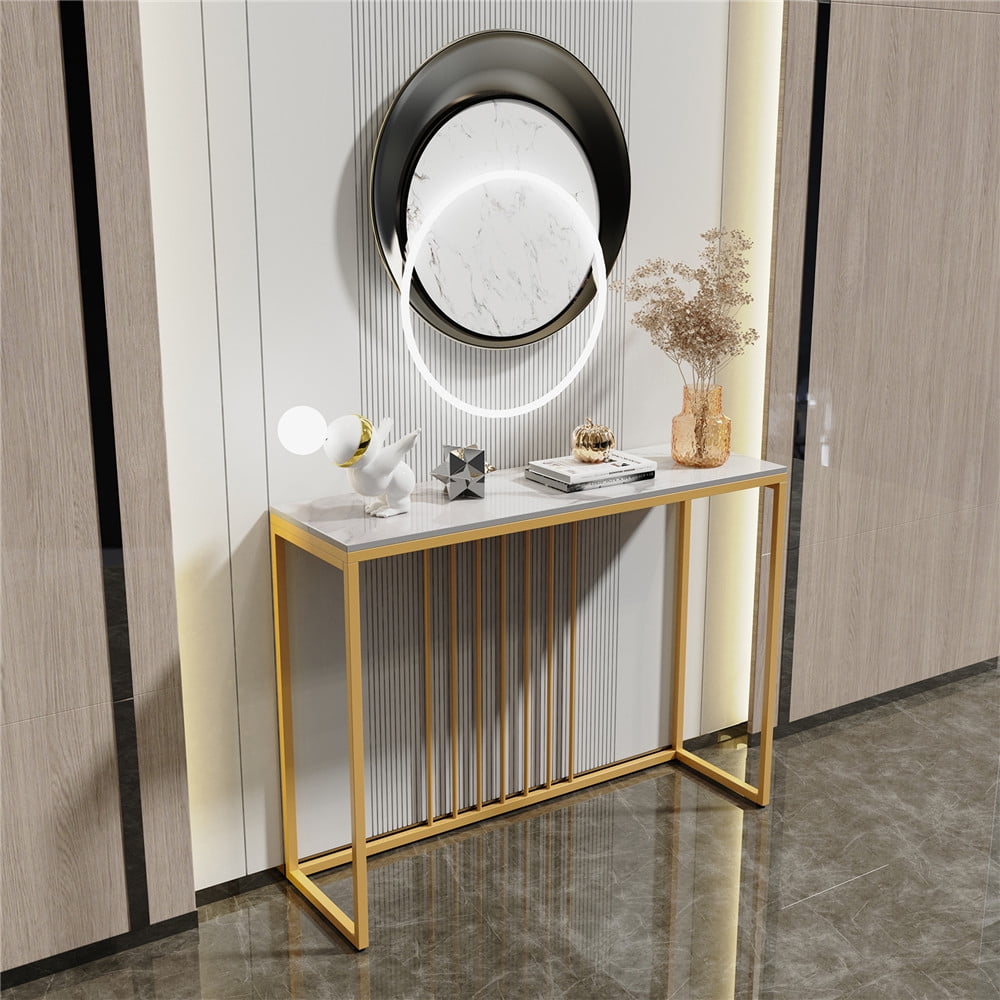 Wisfor Sintered Stone Console Table Slim Narrow Hallway Tablefor Living Room Entryway ,White 39.4x11.8x30.9in