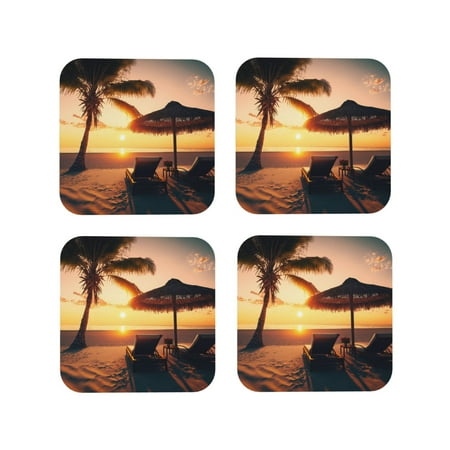 

Tideii Hawaiian Sunset Beach for Leather Coasters 4 Pieces Anti-fouling and Anti-scalding Decorative Coasters Suitable for Restaurants Kitchens Coffee Shops-Square