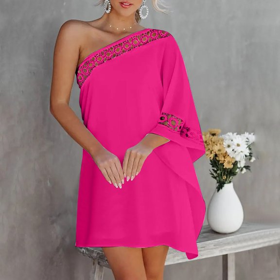 Women's Casual Tennis Dress Summer Dress For Women Shoulder Half Bat Sleeve Solid Lace Casual Tennis Dresses Loose Beach Sun Dress Pink L