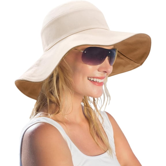 DOVACKA UPF 50 Cotton Beach Hat, Foldable Shapeable Wide Brim Sun Cap with Chin Strap for Women