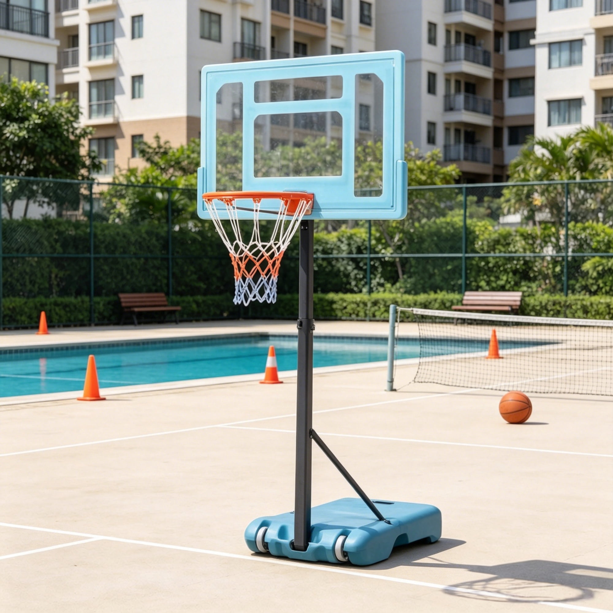 Adjustable Poolside Basketball Hoop Stand 5 Height Levels 36.5-48.5in, Weighted Fillable Base with Rolling Wheels Portable Water Basketball Game for Family Pool Party