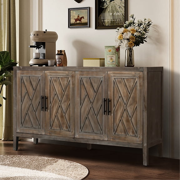 Modern Buffet Table With 4 Doors - Antique Brown Console For Hallway Living Room Entryway Sideboard Adjustable Shelf Cabinet