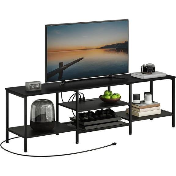 TV Stand with Power Outlets to 75 Inches, TV Console Table with Open Storage Shelves Cabinet, Industrial Media Entertainment Center for Living Room Bedroom, Black BB80DS01