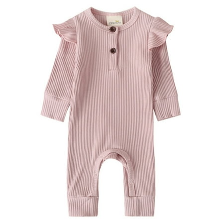 

Canrulo Infant Kids Baby Girl Boy Solid Color Long Ruffle Sleeve O-Neck Ribbed Jumpsuit Pink 12-18 Months