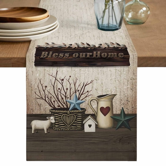 Table Runner 72 Inches Long for Kitchen Dining, Bless OurHome Dresser Scarf Farmhouse, Dining Table Decorations for Wedding/Parties, Farmhouse Pots Texas Stars Retro Wooden Plank 16 x 72 In