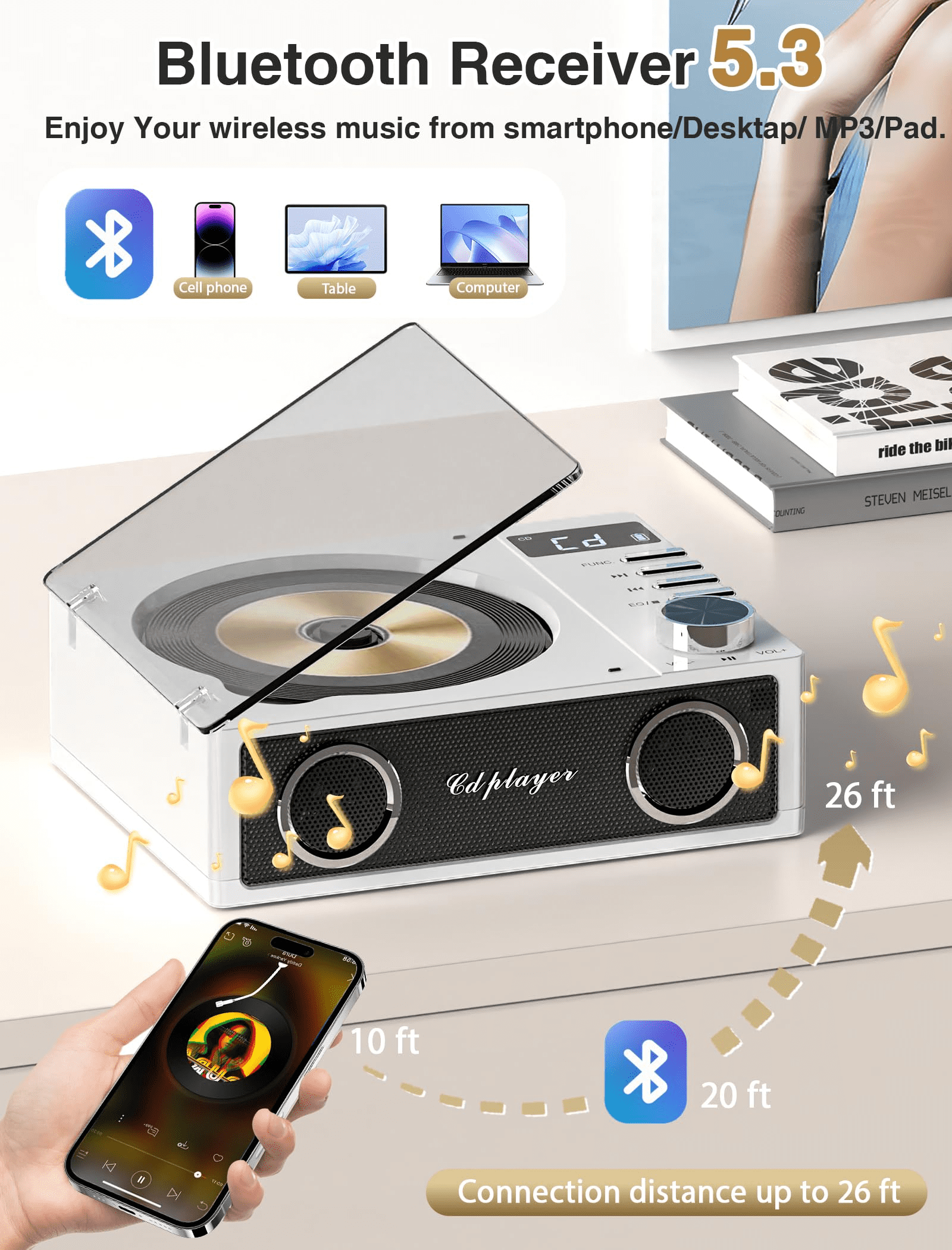 Jazmm CD Player with Bluetooth 5.3, 4000mAh Rechargeable CD Player with Remote Control, FM Radio, CD Player with Speakers for Home, CD Player for Car, Supports USB, TF, AUX, Optical Input