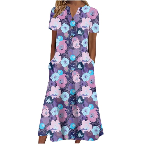 WILLBEST Vestidos de Algodon Vestido para Mujer Casual Cuello En V Manga Corta Bragueta con Botones Vestido Estampado Floral con Bolsillo Vestido Largo Casual Maxi Chica