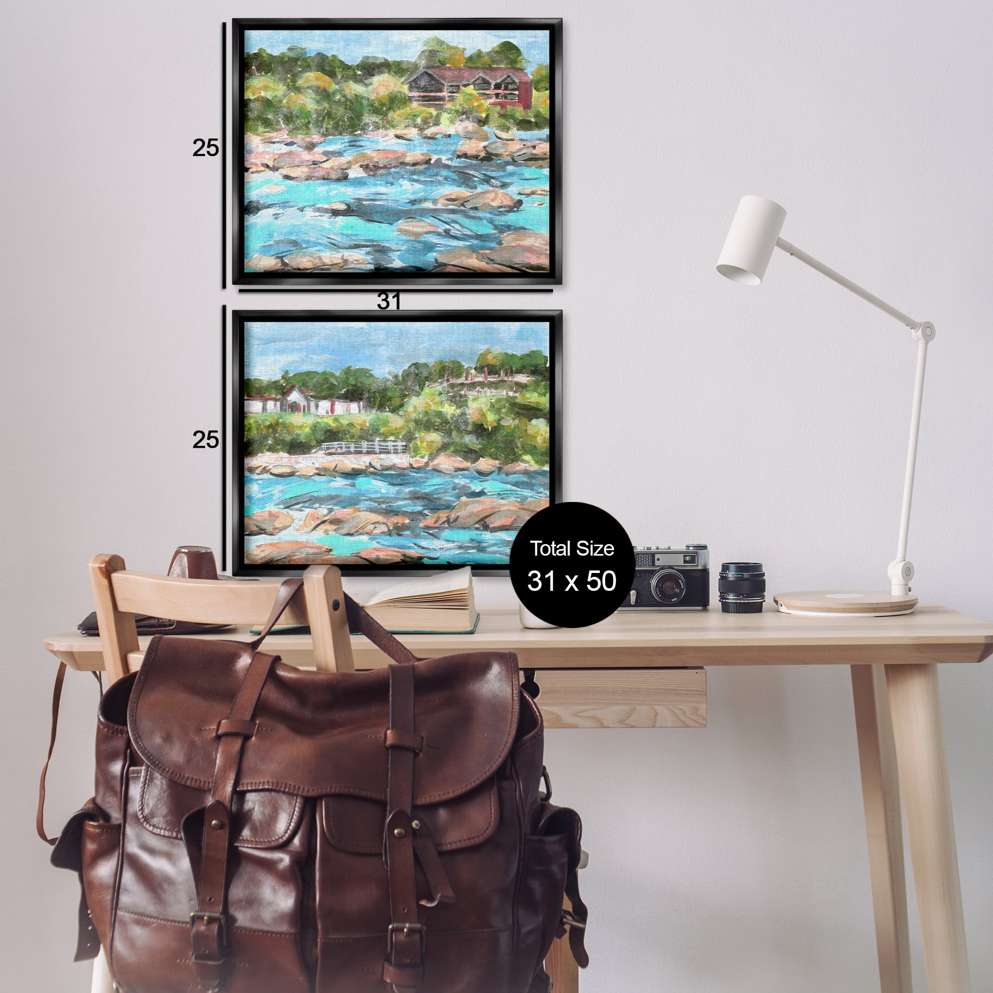 Stupell Industries Flowing River Rocks Nautical & Beach Painting Black Floater Framed Canvas Art Print Wall Art, 31 x 25, Set of 2