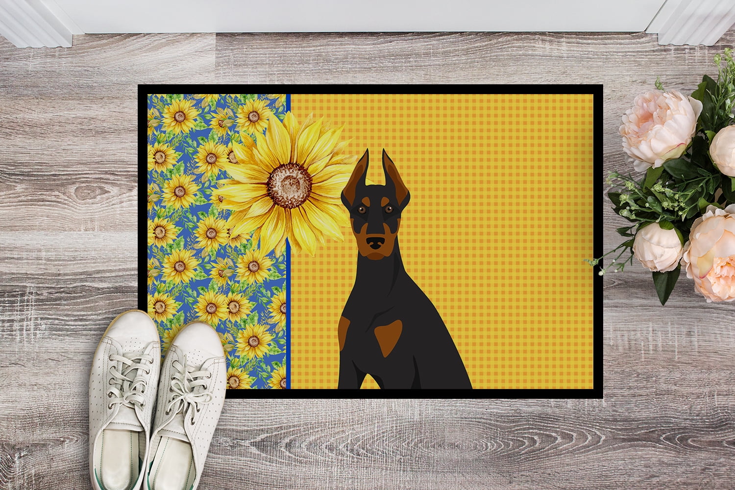 Carolines Treasures WDK5409JMAT 24 x 36 in. Summer Sunflowers Black & Tan Doberman Pinscher Indoor or Outdoor Mat