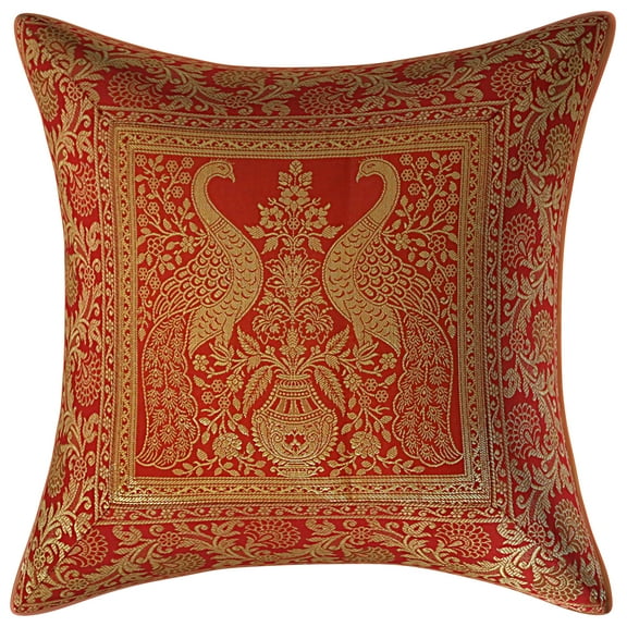 Stylo Culture Indian Decorative Sofa Brocade Red And Gold Throw Pillow Covers 16x16 Jacquard Weave Banarasi Couch Pillow Cases Peacock Floral 40x40 cm Cushion Covers (1 Pc)