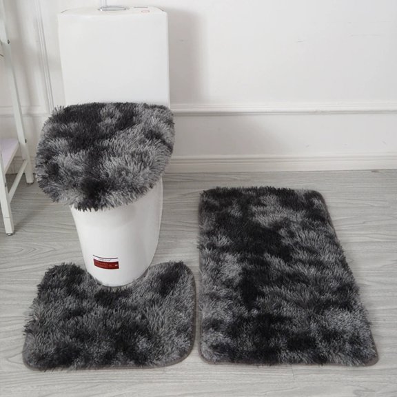 Cozival Bathroom Rug Set, Tie-Dye Plush Non-Slip Bathroom Rug Set - 3-Piece Toilet Mat Includes Lid Cover & Foot Pad, Absorbent and Soft for Style & Safety, Thick Pile, Non Slip Toilet Mat, Black