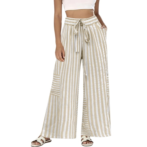 Womens Summer Casual Striped Pants Loose Wide Leg Lounge Pants Elastic Waist Palazzo Trousers with Pockets