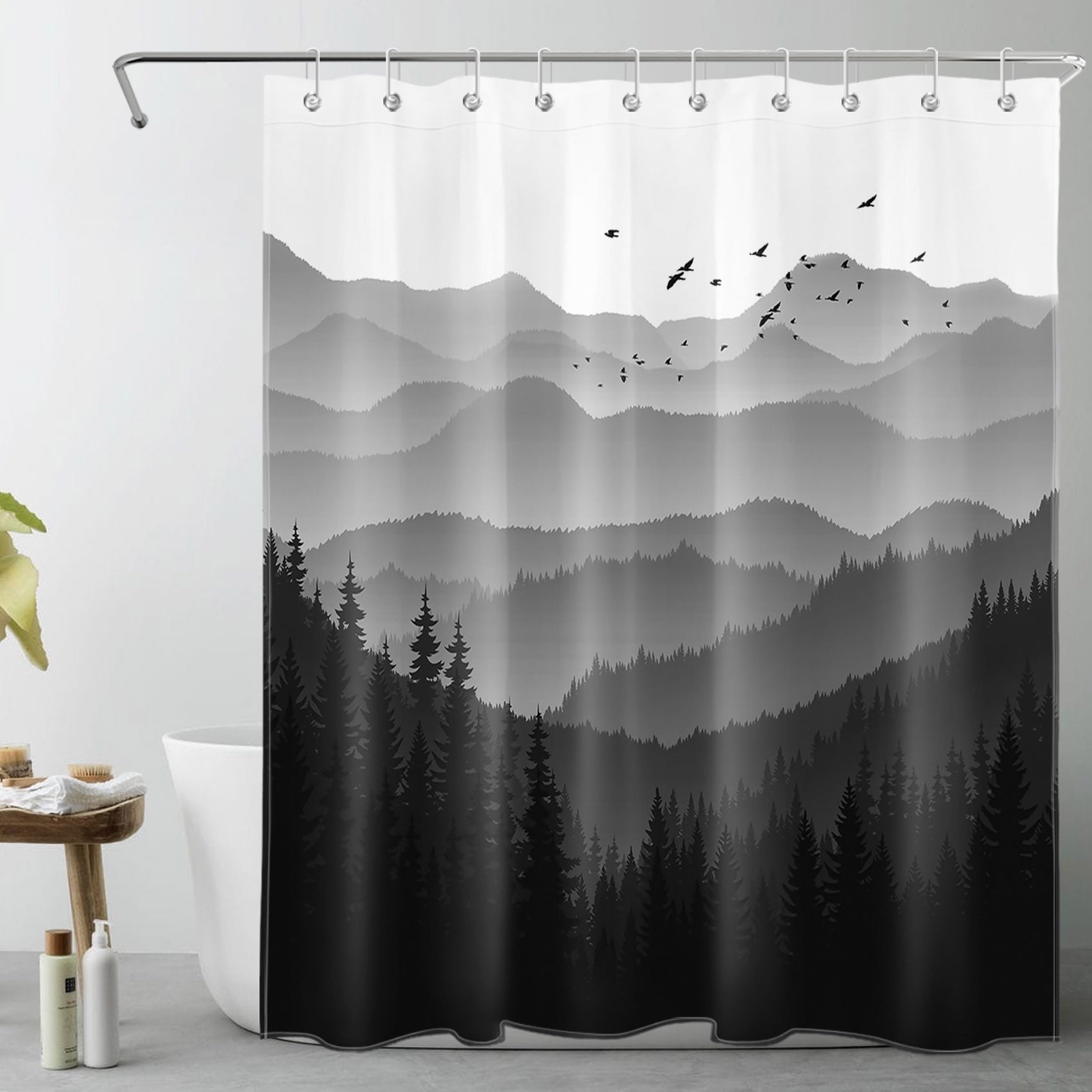 HVEST Mountain Forest Shower Curtain Decor,Grey Mountain and Bird