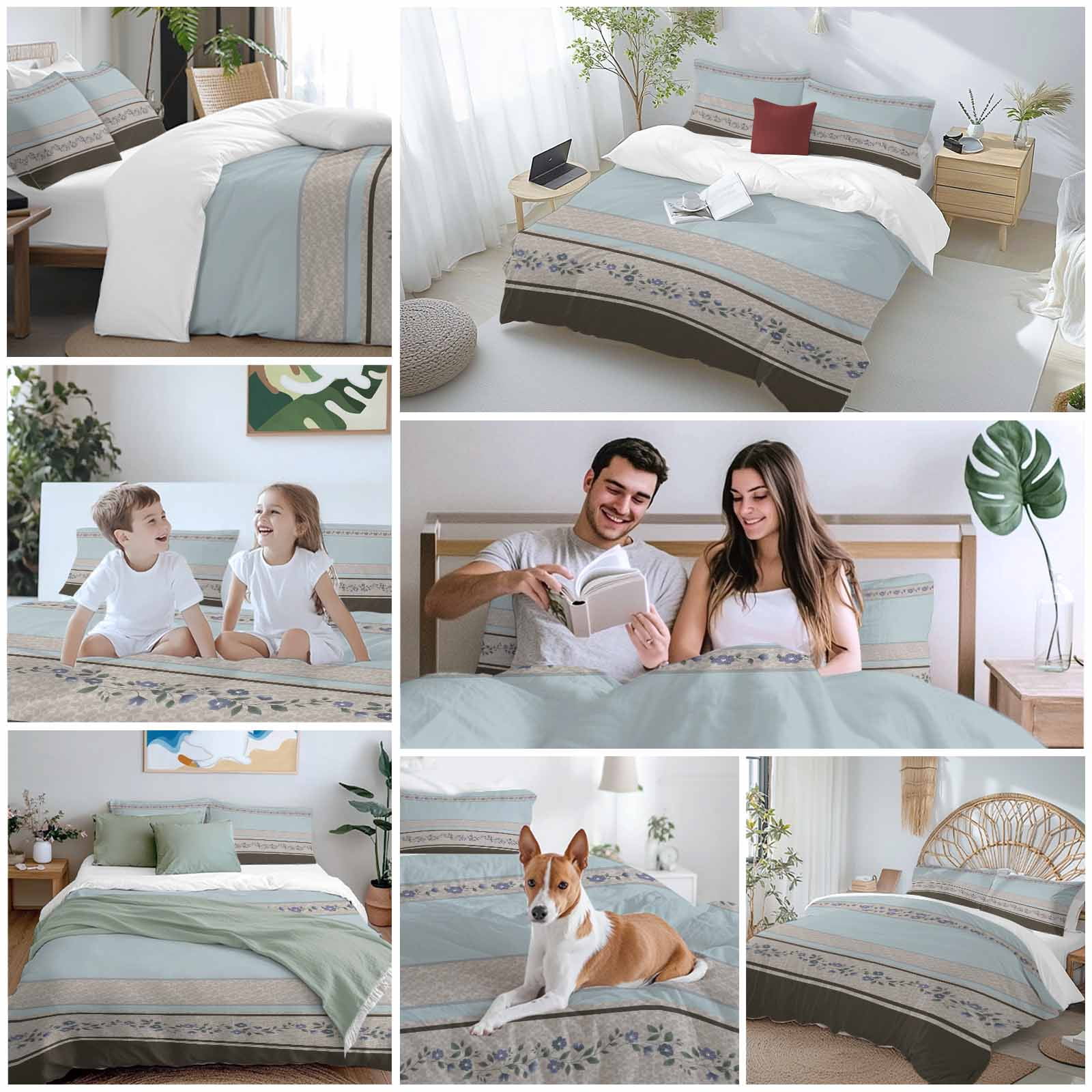 Aqua Floral Bedding 3 Piece Duvet Cover Set Twin Size, Modern Farmhouse Leaves Brown Striped Soft Microfiber Comforter Cover with Zipper Closure & Pillowcases, Wrinkle & FadeResistant Quilt Cover