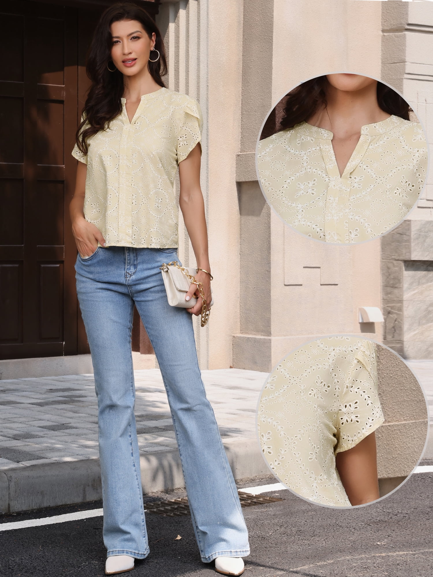 DARING DIVA Women's Work V Neck Embroidery Eyelet Petal Short Sleeve Dressy XS Apricot