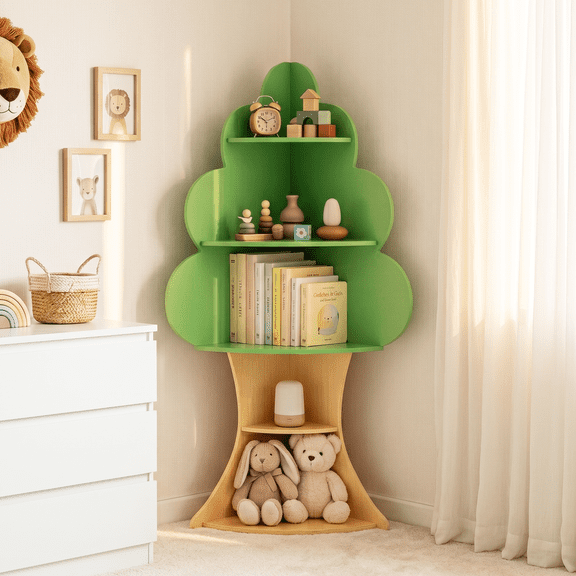INFANS Tree Kids Bookshelf, Wood 5-Tier Corner Bookcase, Baby Montessori Shelf Rack Children's Bookcase, Toy and Book Toddler Storage Organizer for Preschool, Kids Room, Playroom Boy Girls Gift