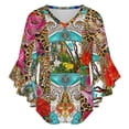 thumbnail image 5 of Vibrant Floral Leopard Print Textile Women's V-Neck Blouse With 3/4 Ruffled Bell Sleeves Casual Top Ladies Blouses, 5 of 7