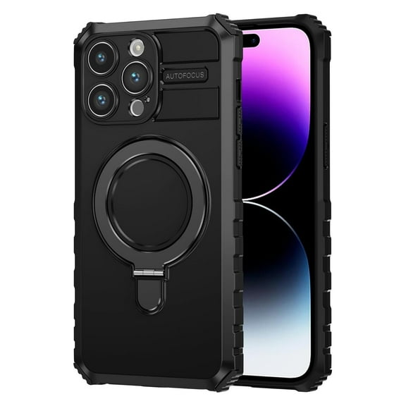 Dteck Magnetic Case for iPhone 15,Shockproof Silicone PC Case Compatible with Mag Safe Ring Holder Kickstand Cover for iPhone 15, Black