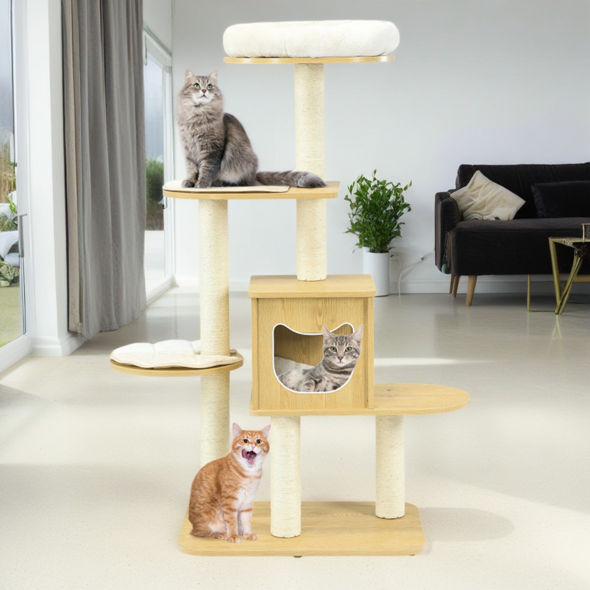 resenkos 53" Cat Tree House, 4 Levels Modern Cat Tree Tower for Indoor Cats, Wood Cat Condo with Scratching Post and Removable Pads, Beige