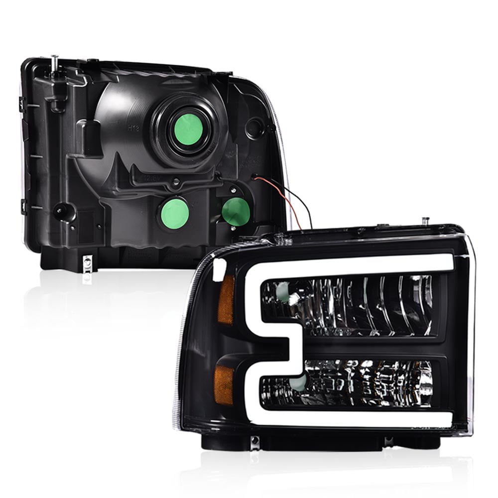 LED DRL Black Headlights Assembly Fit for 2005-2007 Ford F250 F350 F450 F550 Super Duty