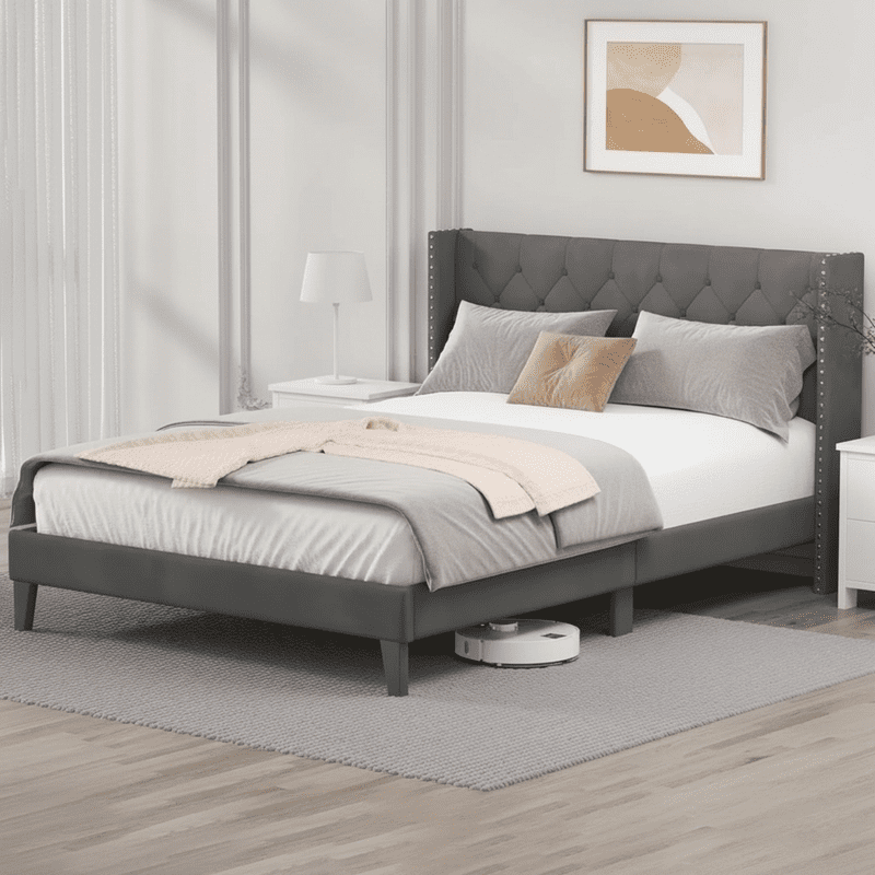 Full Size Upholstered Platform Bed Frame with Wingback Headboard, Diamond Tufting, and LED Lights - Wood Slat Support, No Box Spring Needed, Easy Assembly, Noise-Free, Grey