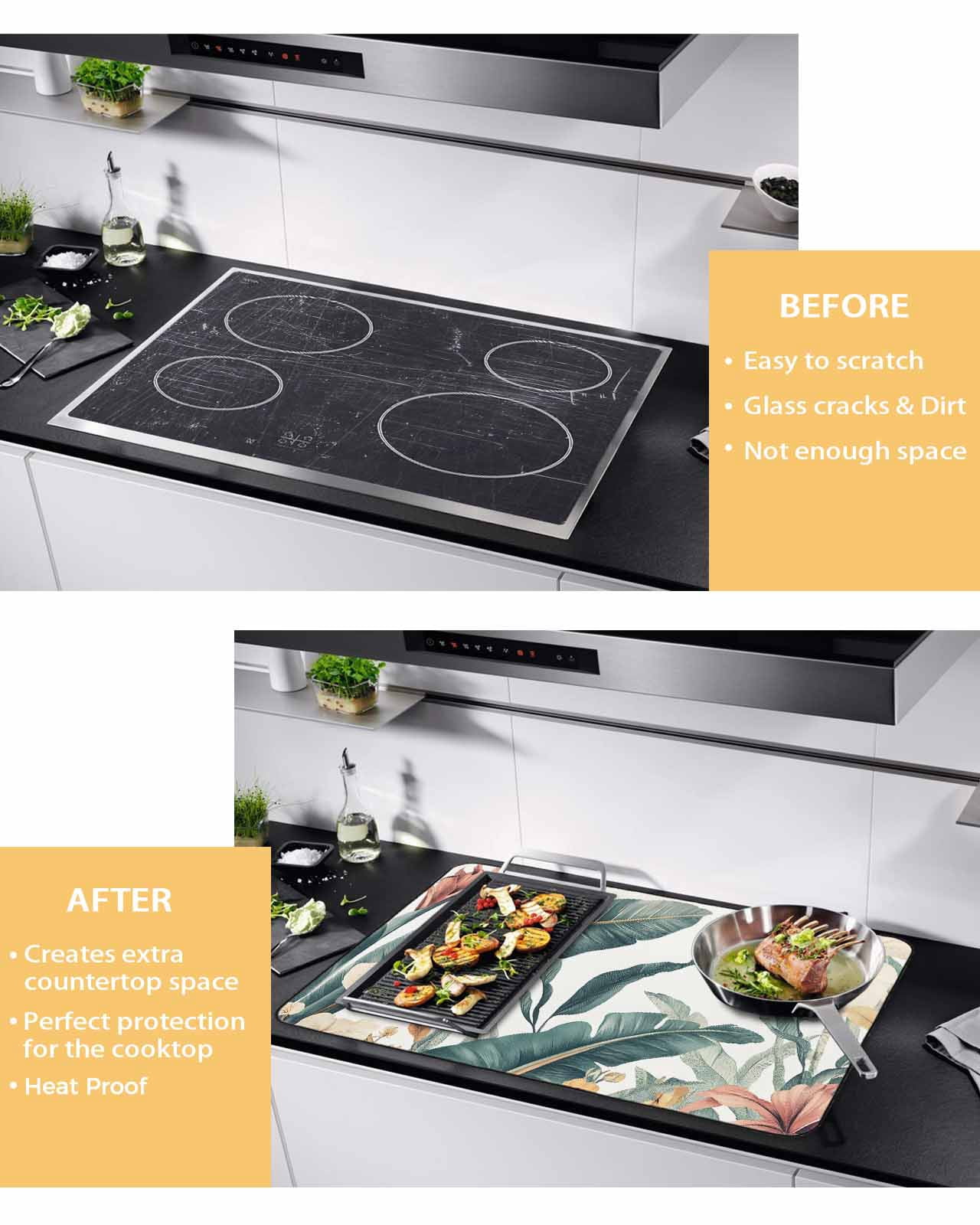 nqOlkjepod Large Induction Cooktop Protector Mat 36"x21", Tropical Leaves Floral Stove Top Covers for Electric Stove, Vintage Watercolor Flowers Stove Burner Cover Mats, Glass Top Stove Cover