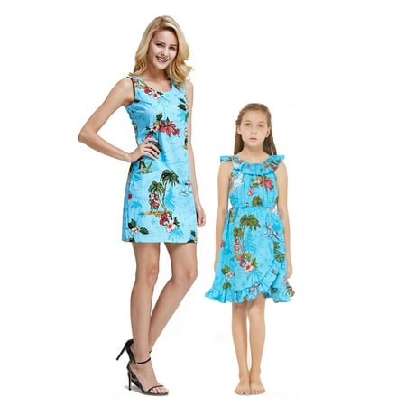 

Matching Hawaiian Luau Mother Daughter Wrap Dresses in Christmas Santa in Hawaii Red