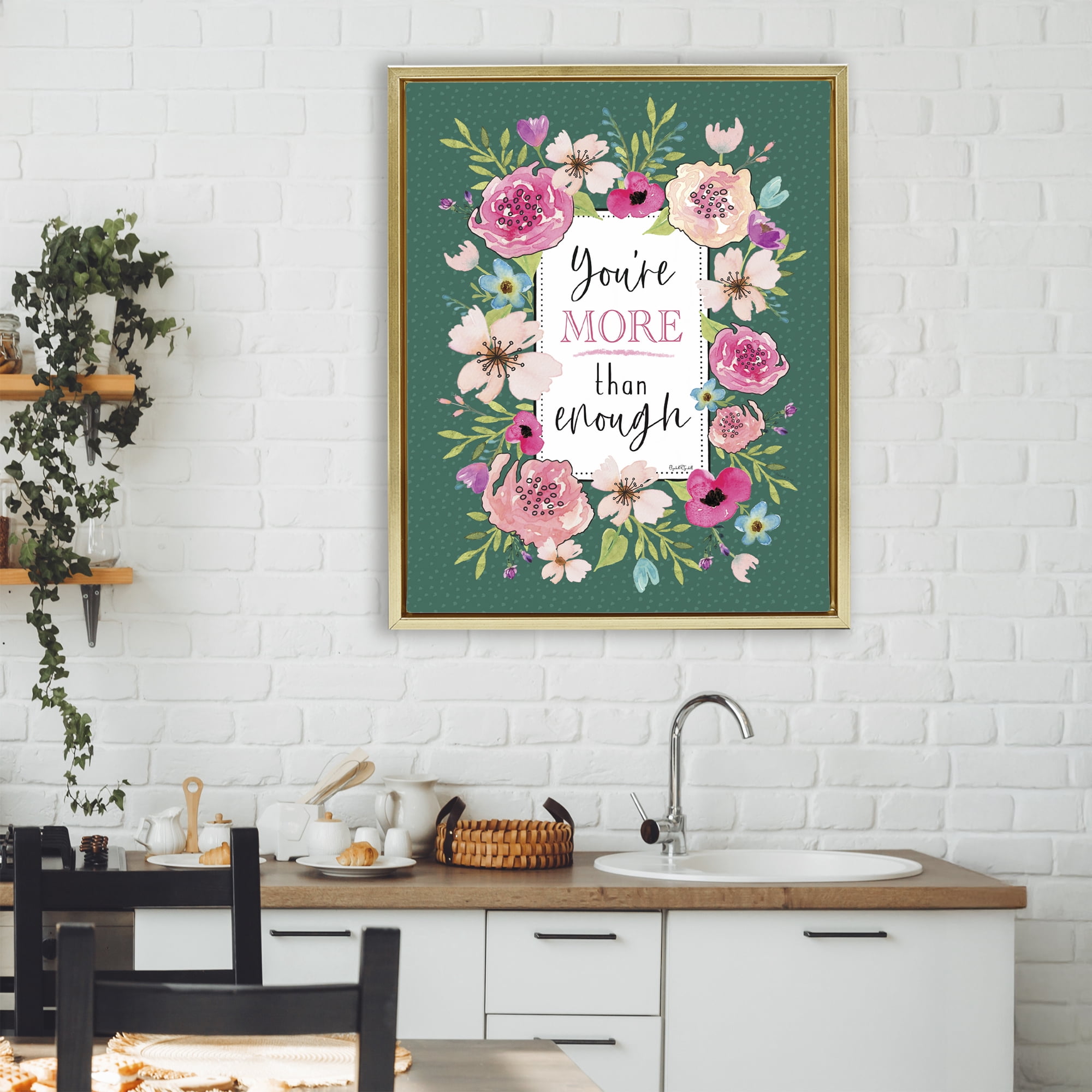 Stupell Industries More Than Enough with Florals Gold Framed Floater Canvas Wall Art, design by Elizabeth Tyndall