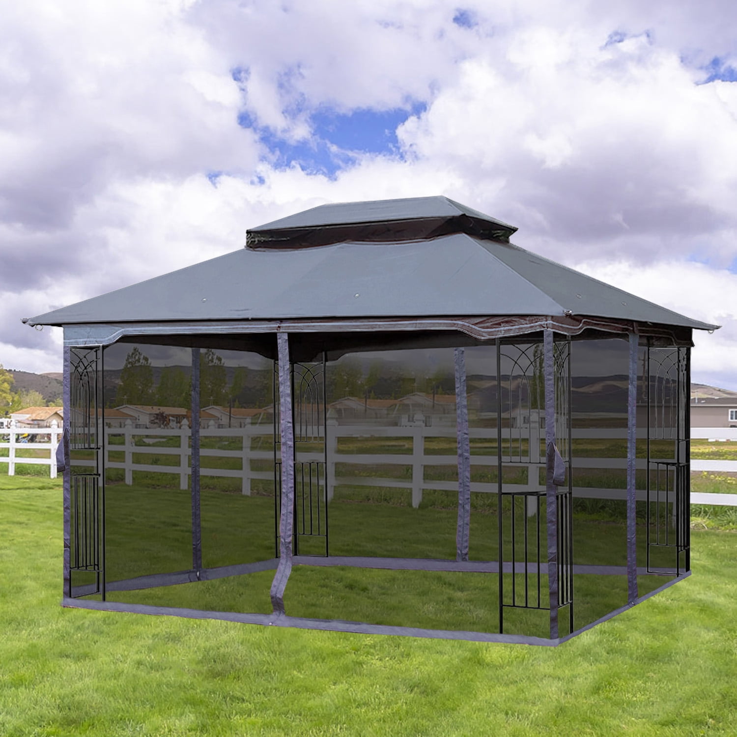 Outdoor Gazebo Tent, 13x10 FT Double Roof Tent with Mosquito Net for Garden Backyard, Gray Top