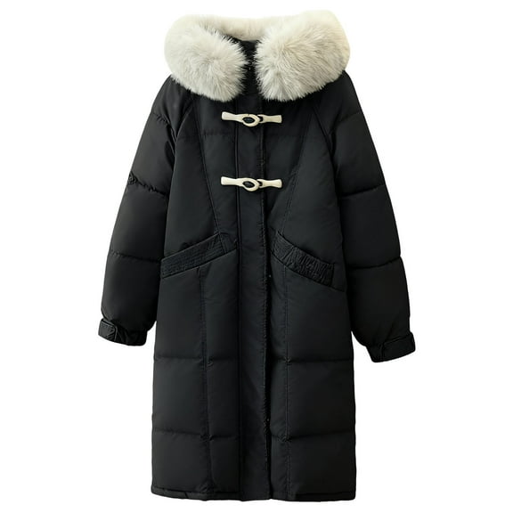 Womens Winter Hooded Parka Jacket Long Sleeve Toggle Duffle Coat with Faux Fur Trim Black S