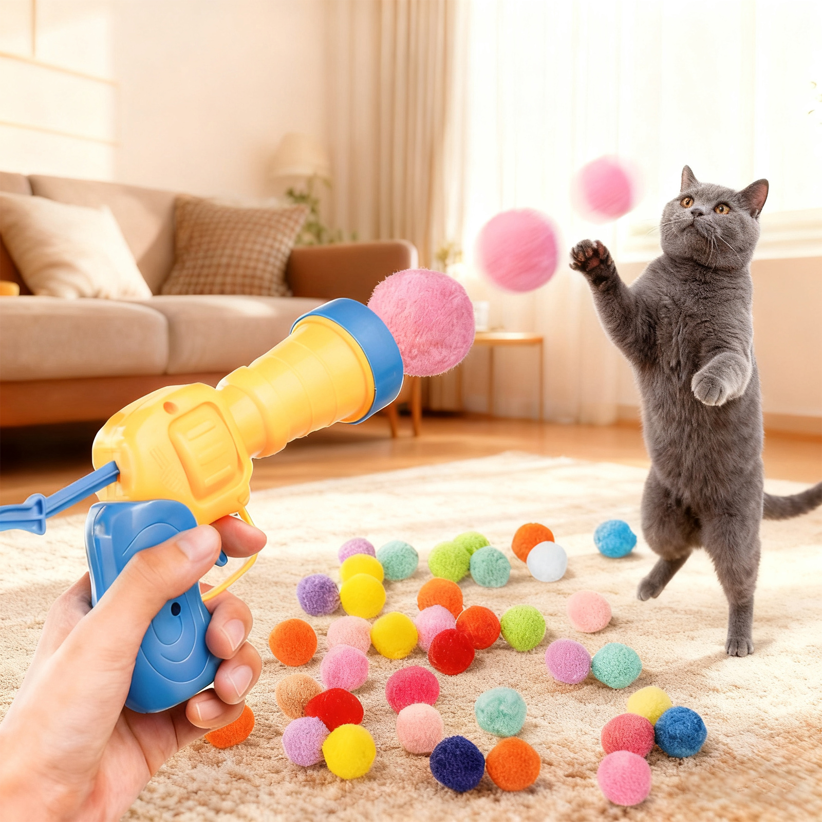 Cats Plush Ball Launcher Toy For Self-Entertainment & Interactive Play, Silent Pet-Safe Balls Gentle On Cats’ Gums And Home Furnishings, 1 Launcher Gun + 50 Plush Balls Included,