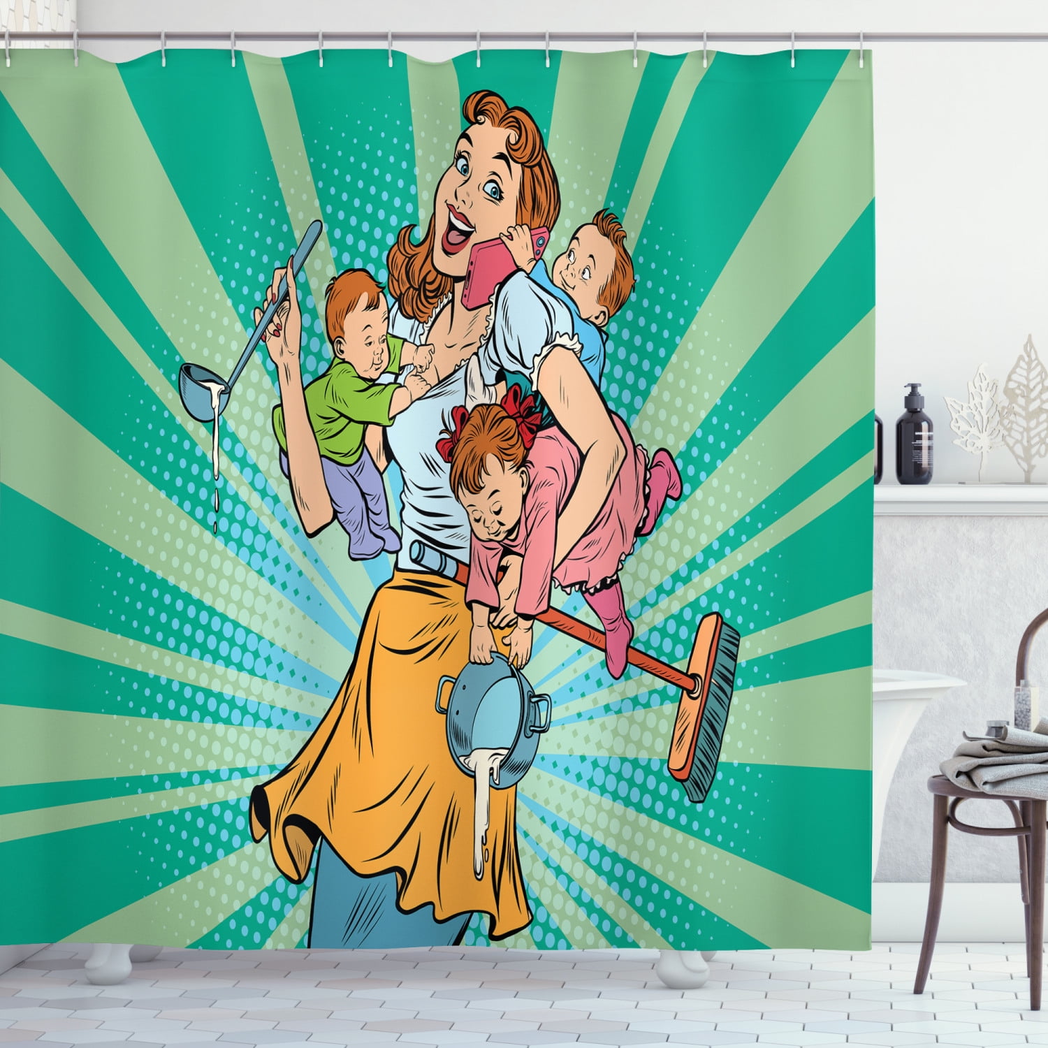Call Mom Shower Curtain, Cartoon Style Mother with House Chores and Kids  Pop Art Design Starburst Lines, Fabric Bathroom Set with Hooks, 69W X 75L  Inches Long, Multicolor, by Ambesonne 