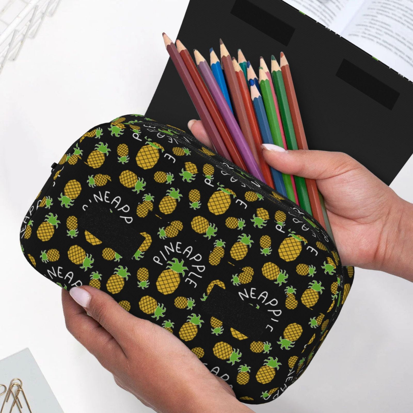 Rateoe Pineapple Pattern Double Clamshell Pen Case, Storage Organizer with Two Zipper Compartments– Holds Up to 50 Pencils & Pens