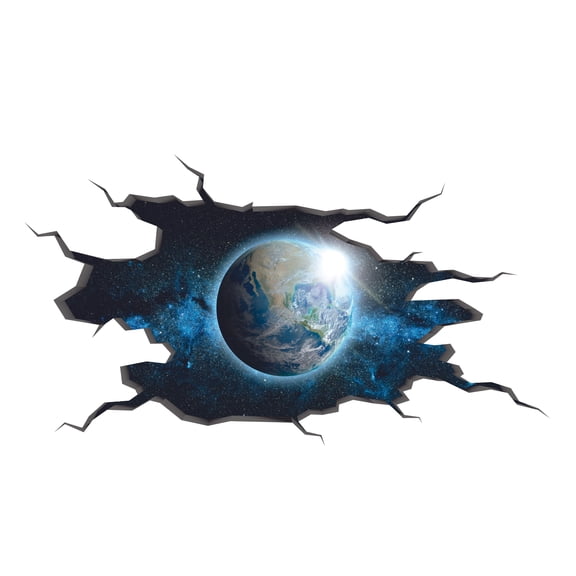 Outer Space View Earth The Blue Marble Decor Broken Wall Design Vinyl Home Adhesive Wall Art Decal | 12" x 20" Kids Bedroom Living Room Removable Galaxy Astronomical Body Wall Decoration Sticker
