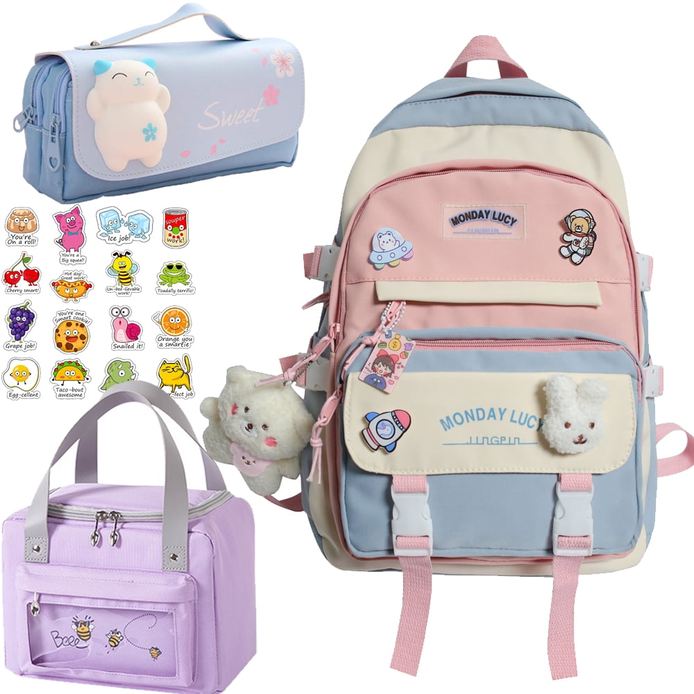 13PCS Kawaii Backpack for Girls Japanese Backpack Waterproof Nylon with Cute Pendant School Bookbags Aesthetic Backpack Travel Bag