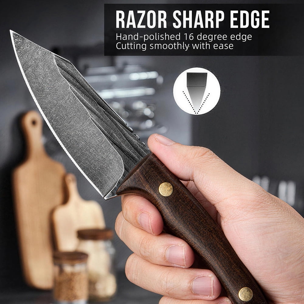 Small Procket Knife 3.5-inch Fixed Blade Knife 2Pcs High Carbon Steel Fruit Meat Butcher Knife Set Full Tang Hunting Knife Wood Handle with Paracord Lanyard,for Outdoor Camping Bushcraft