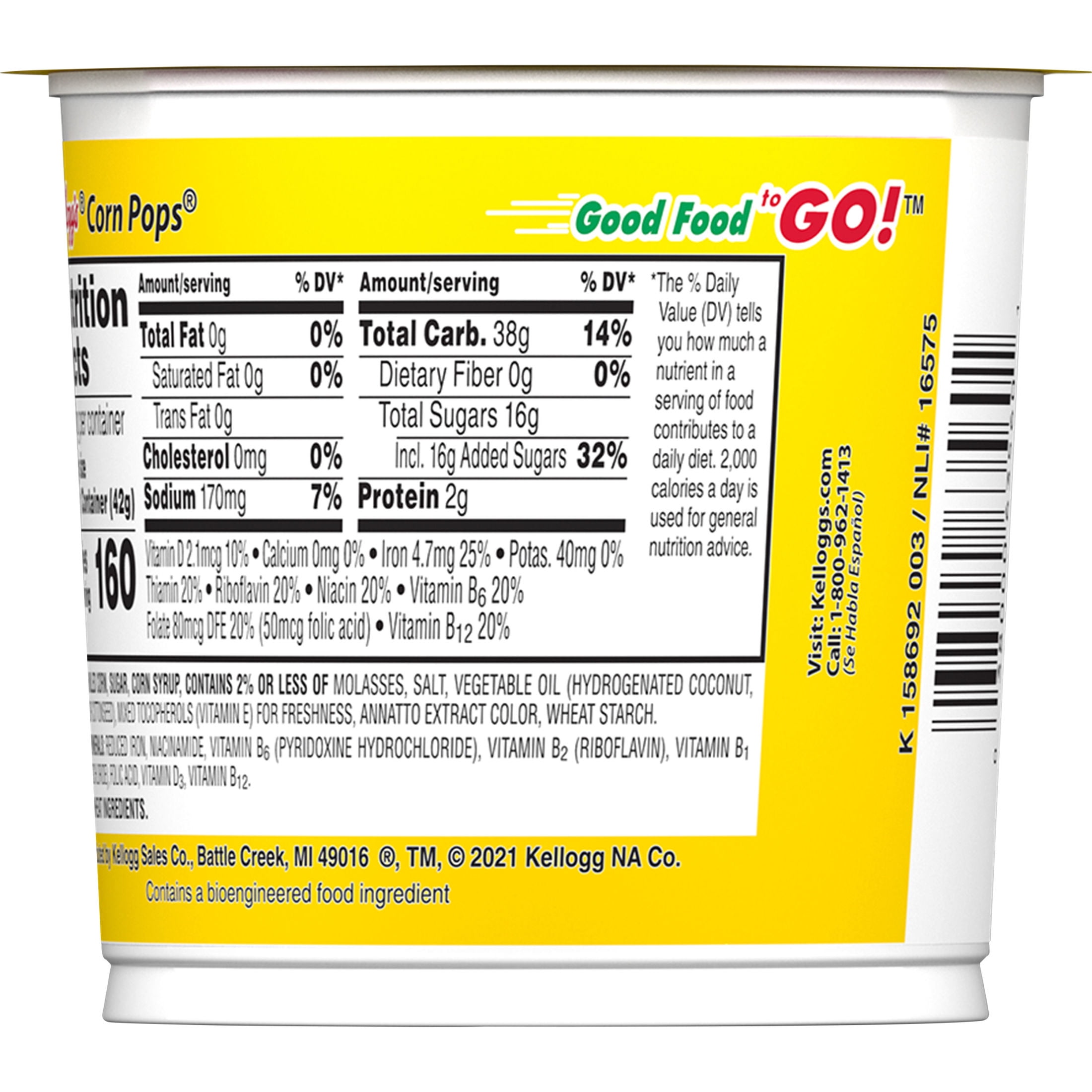 (12 pack) Kellogg's Corn Pops Original Breakfast Cereal, 8 Vitamins and Minerals, Single Serve Cup, 1.5 oz