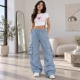 thumbnail image 4 of Womens Cargo Pants Elastic Wide Leg Baggy Pants Workout Sweatpants High Waisted Stretchy Casual Hiking Joggers M, 4 of 4