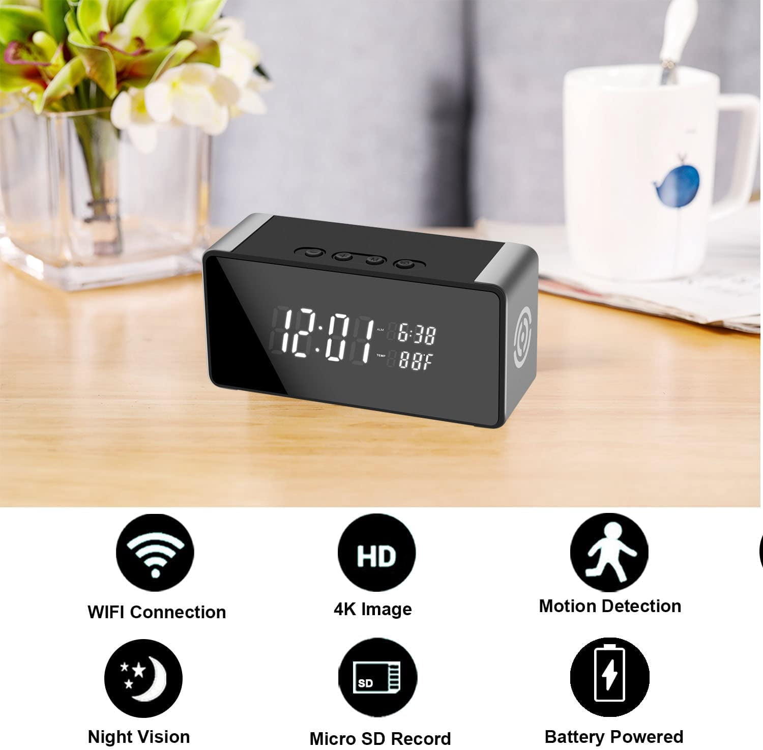 Alarm Clock with Wi-Fi Camera, Bluetooth Speaker, and Climate Display