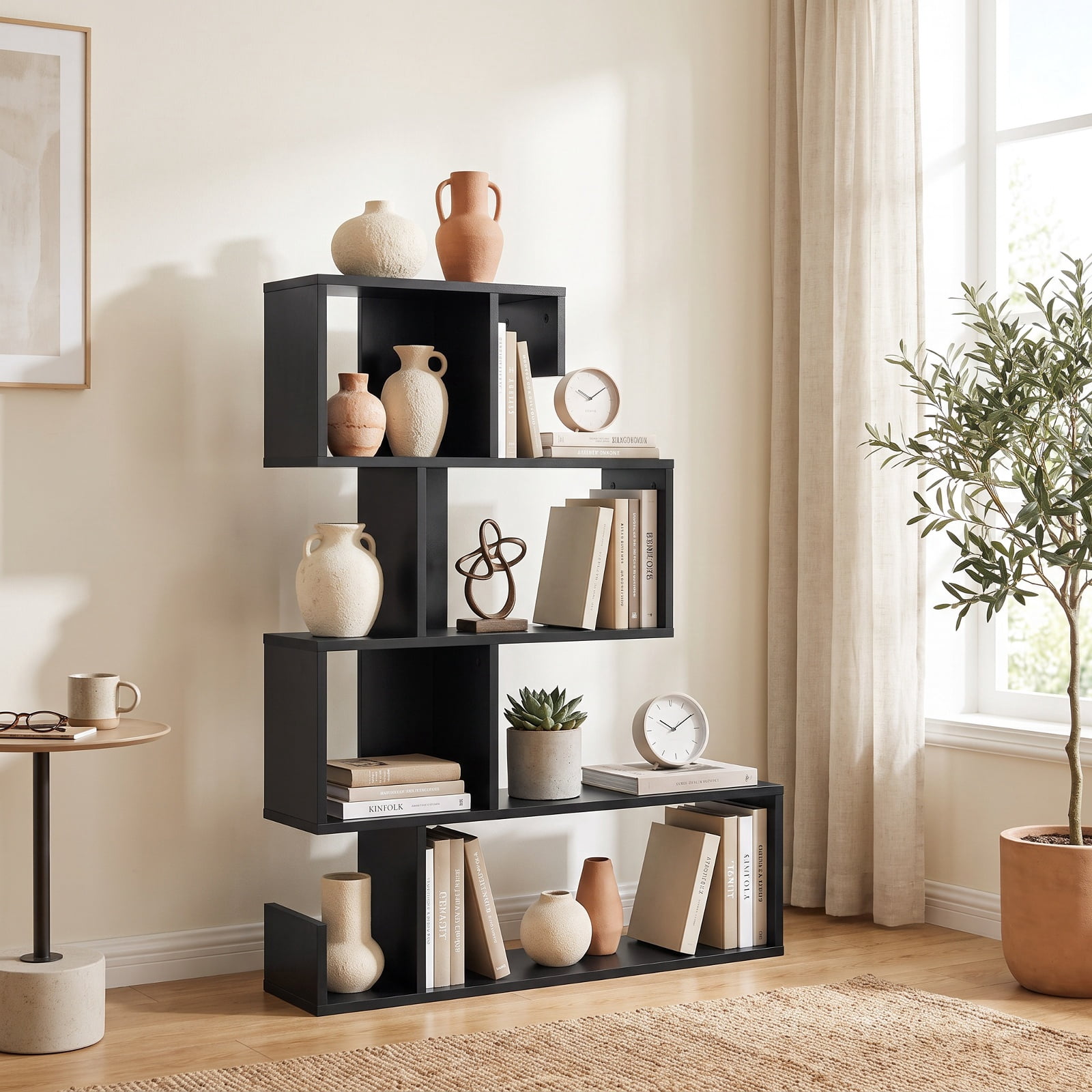Furnibear 5-Tier S-Shaped Bookshelf Geometric Z-Shelf Bookcase with Open Cubes for Living Room Home Office Bedroom Display Storage Shelf, Black