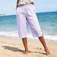thumbnail image 5 of Women's Cotton Linen Capri Pants with Pockets Mid Elastic Waist Casual Soft Checkered Drawstring Lounge Summer Beach Travel Outdoor Cropped Pants for Women Capris | UKHCCC,Purple S, 5 of 9