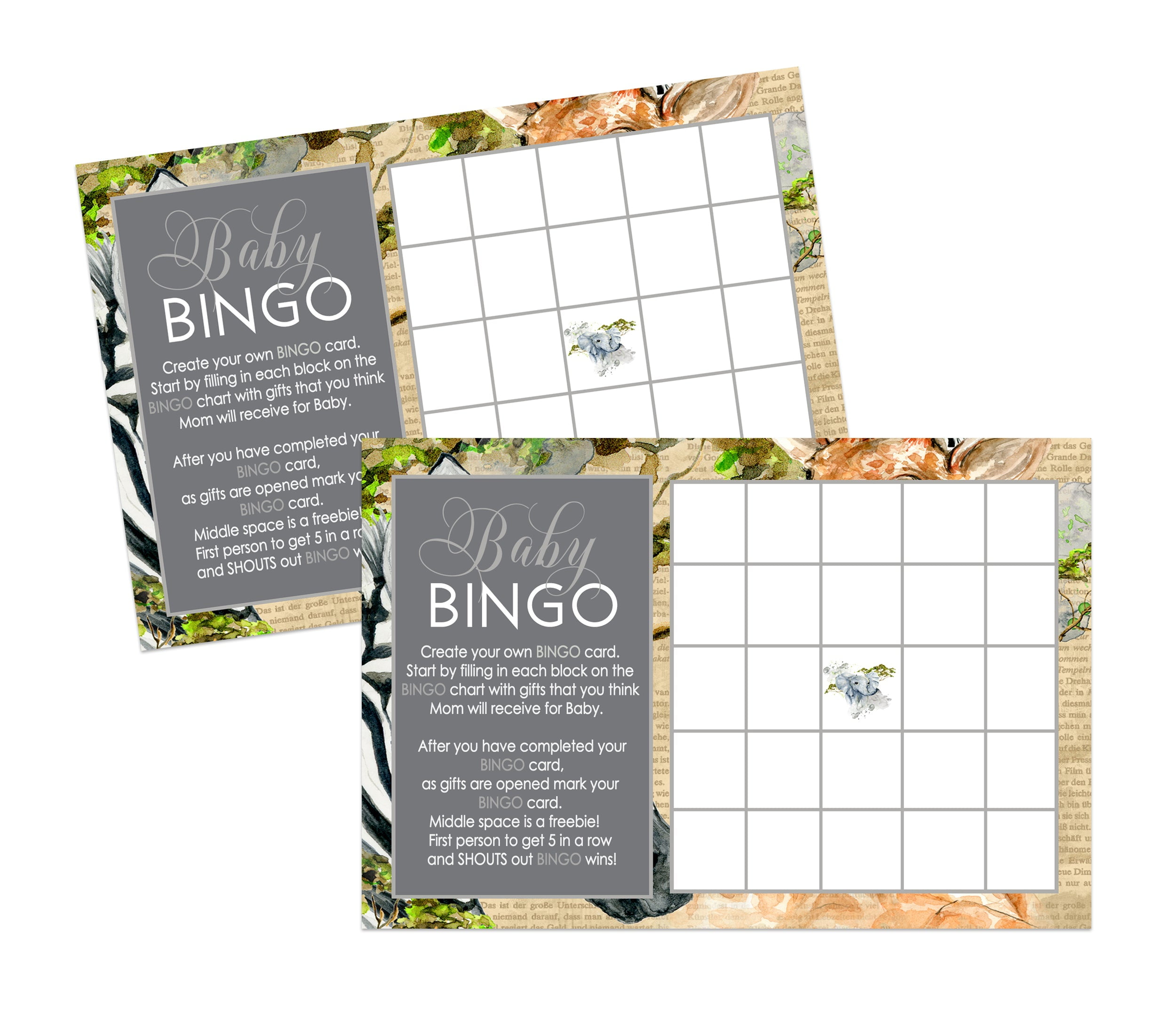 Jungle Baby Shower Bingo Game Pack of 25 Activity Guests Play Fill In Gift Guesses on Blank Cards Gender Reveal Event Royal Safari Animal Boy or Girl Printed 4x6 Size Paper Clever Party