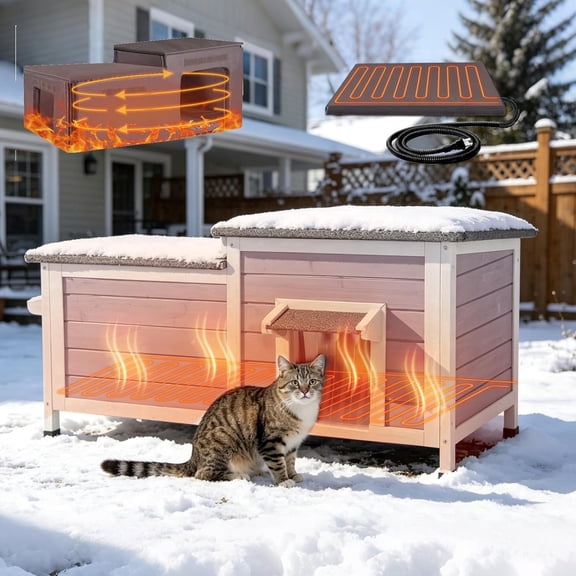 Aivituvin Heated Cat House Outdoor Cat House Insulated Large Weatherproof Feral Cat Shelter with Heated Pad, Insulated All-Round Thermal Liner, Escape Door for 1-4 Cats